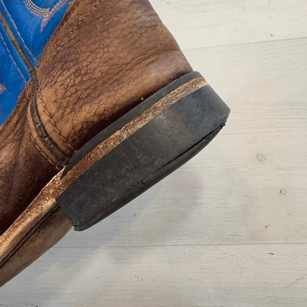 Old West Blue Brown Leather Square Toe Western Cowboy Boots kids size‎ 1.5